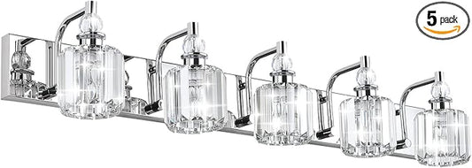 Ralbay Modern Crystal Vanity Lights 5 Light 40" Modern Crystal Bathroom Lights Fixtures Over Mirror Stainless Steel Chrome Vanity Light for Bathroom Wall Lights Fixtures