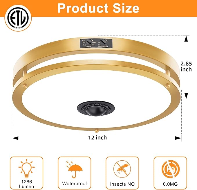 2 Pack 24W LED Motion Sensor Outdoor Ceiling Light, 12IN 2700K/3000K/3500K/4000K/5000K Adjustable Ceiling Lights, Dusk to Dawn Flush Mount LED Ceiling Light Fixture for Porch, Garage, Gold