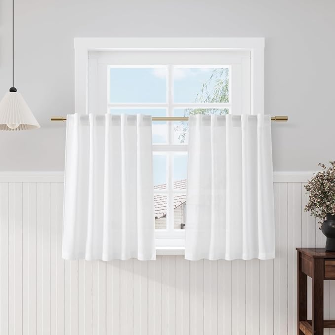 Nanspring Kitchen Curtains Linen 36 Inch Length for Kitchen White Kitchen Window Curtains Over Sink Modern Farmhouse Curtain for Cafe Bathroom Small Window Back Tab and Rod Pocket 34 x 36, 2 Panels