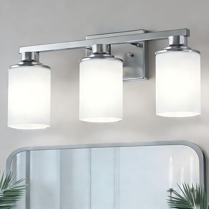 DORESshop 17 Inch Bathroom Light Fixtures, 3-Light Nickel Bathroom Lighting Fixtures Over Mirror with Milk Glass Shade, Vanity Lights for Living Room Bedroom