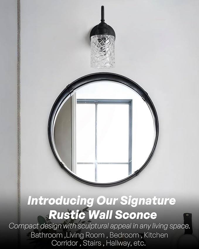 Vintage Wall Sconce 1-Light Black Bathroom Vanity Light with Clear Ripple Glass Shade Hardwire Farmhouse Wall Lamp Fixture for Bathroom Mirror Living Room Bedroom Kitchen Indoor
