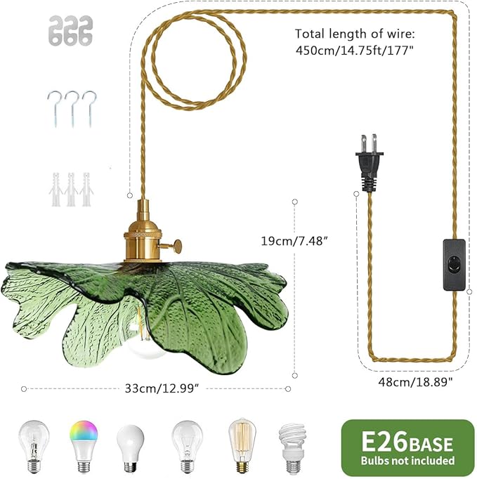 Plug in Pendant Light Green Glass Pendant Lighting 14.75ft Hanging Light with Plug in Cord 1-Light Hand Blown Brass Pendant Light Plug in Hanging Lamp for Kitchen Bedroom Living Dining Room