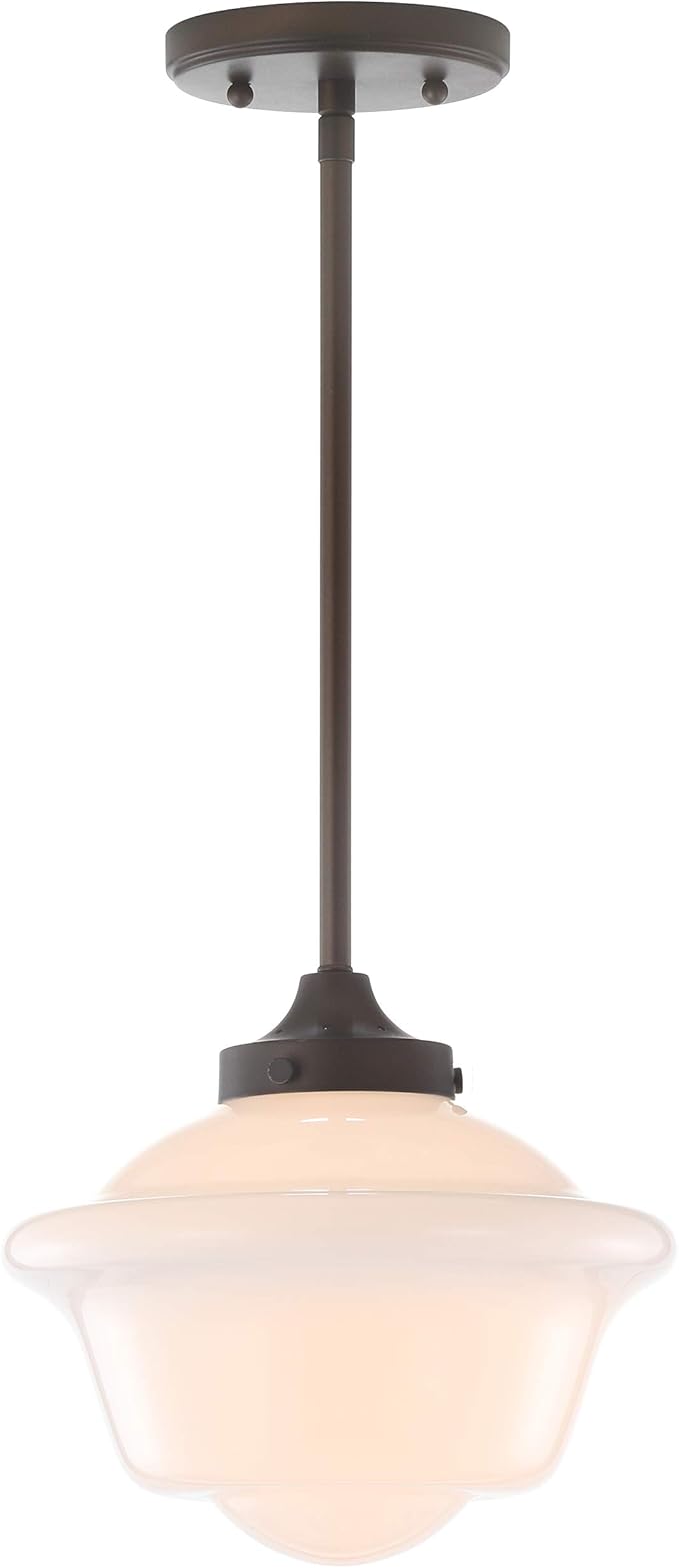 JONATHAN Y 9.5" Oil Rubbed Bronze Modern Schoolhouse LED Pendant Light Fixture, Adjustable Drop Metal Hanging Lamp with White Glass Shade for Kitchen Island, Dining Room, Foyer (JYL3517C)
