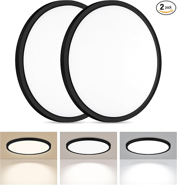 2 Pack LED Flush Mount Ceiling Light, 24W Ultra Thin Round White Lamp 3000K/4000K/6500K 3 Color Temperatures Adjusted 12 Inch Modern Ceiling Lights, Black, Wired