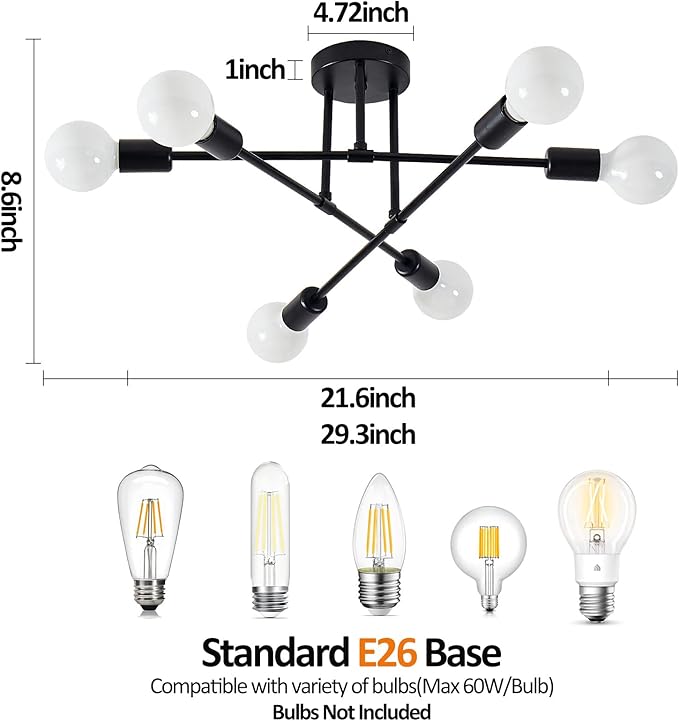 Semi Flush Mount Ceiling Light Fixture, 6 Lights Modern Sputnik Chandelier Ceiling Lamp with E26 Bulb Base, Light Fixtures Ceiling Mount for Bedroom Kitchen Living Room Hallway (Black)