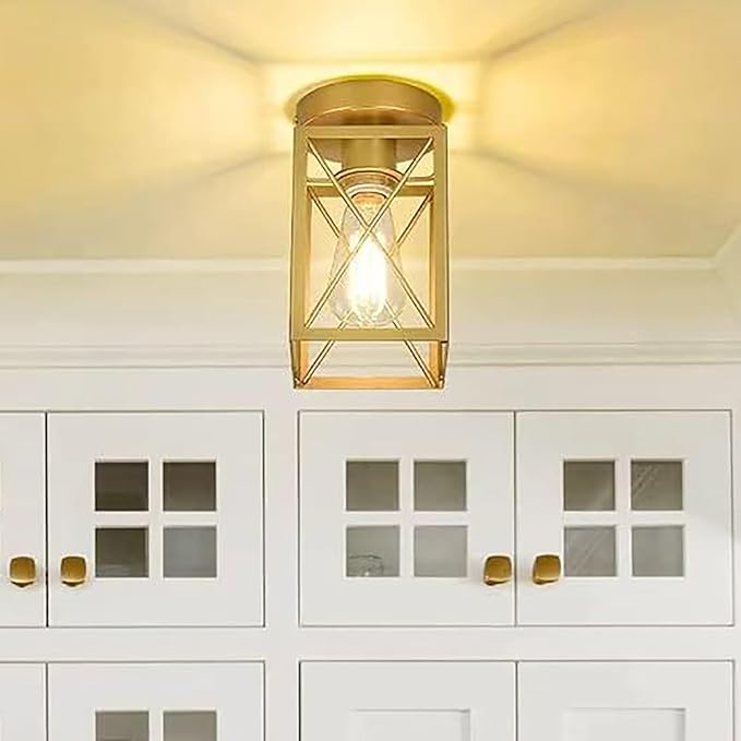 Semi Flush Mount Ceiling Light,Metal Cage Farmhouse Light Fixture Hardwired for Entryway, Hallway, Kitchen Over Sink, Bathroom,Laundry Room,Modern Industrial Vintage Style,Single E26 Bulb（Gold,1PK）