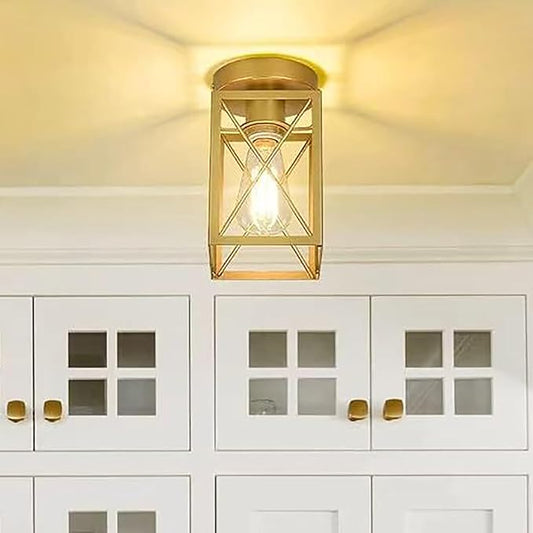 Semi Flush Mount Ceiling Light,Metal Cage Farmhouse Light Fixture Hardwired for Entryway, Hallway, Kitchen Over Sink, Bathroom,Laundry Room,Modern Industrial Vintage Style,Single E26 Bulb（Gold,1PK）