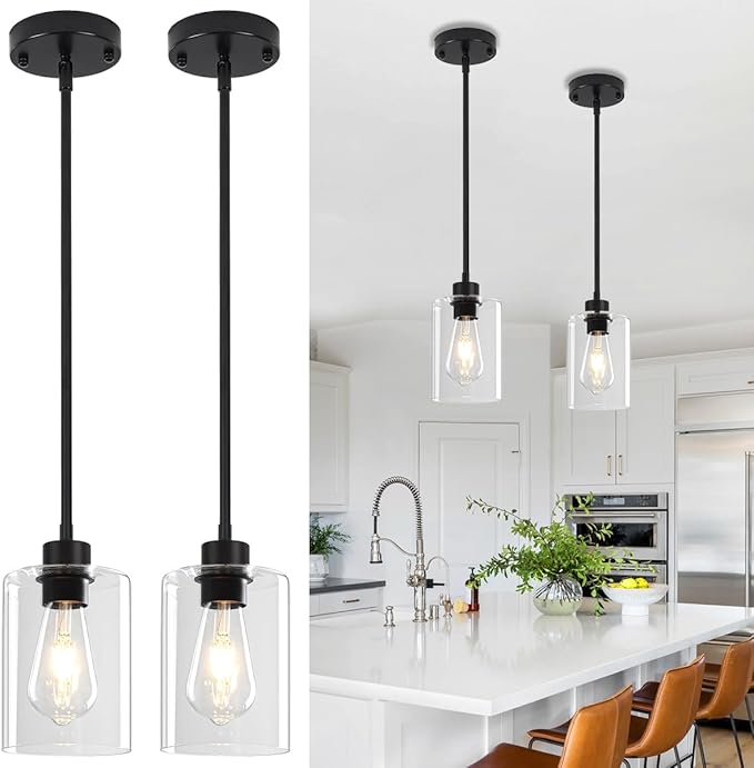 2 Pack Black Pendant Lights Kitchen Island, Modern Glass Pendant Lighting Over Island Kitchen Hanging Dining Room Light Fixtures Adjustable Pendant Lights for Bathroom Hallway Entryway Bedroom