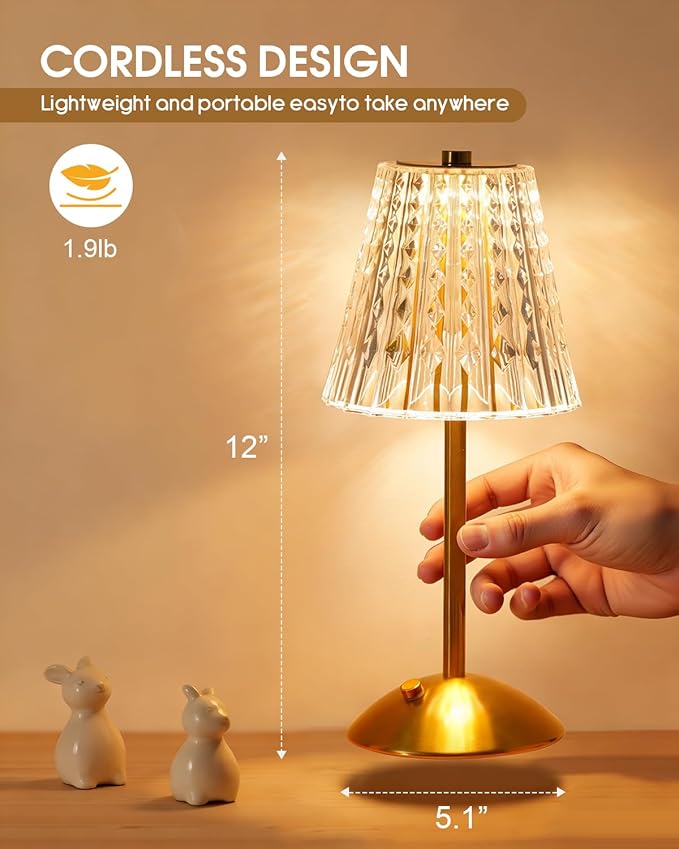 Nusogon Rechargeable Cordless Table Lamp, Touch Control Crystal Desk Lamp with 3500mAh Battery, 3 Color Dimmable LED Small Lamp for Bedroom Bedside Restaurant Kitchen Home Decor