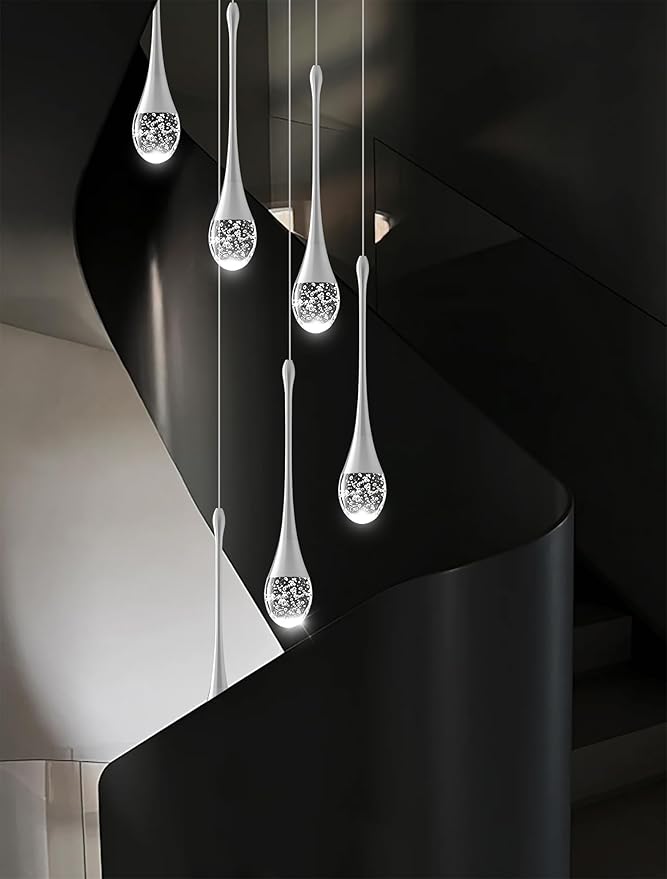 ykolupty H86 Pendant Lights Kitchen Island 6-Lights Pendant Chandelier for Dining Room Hallway Stairwell,Silver Chandelier Suit for Sloping Ceiling LED Dimmable 2700K-6000K
