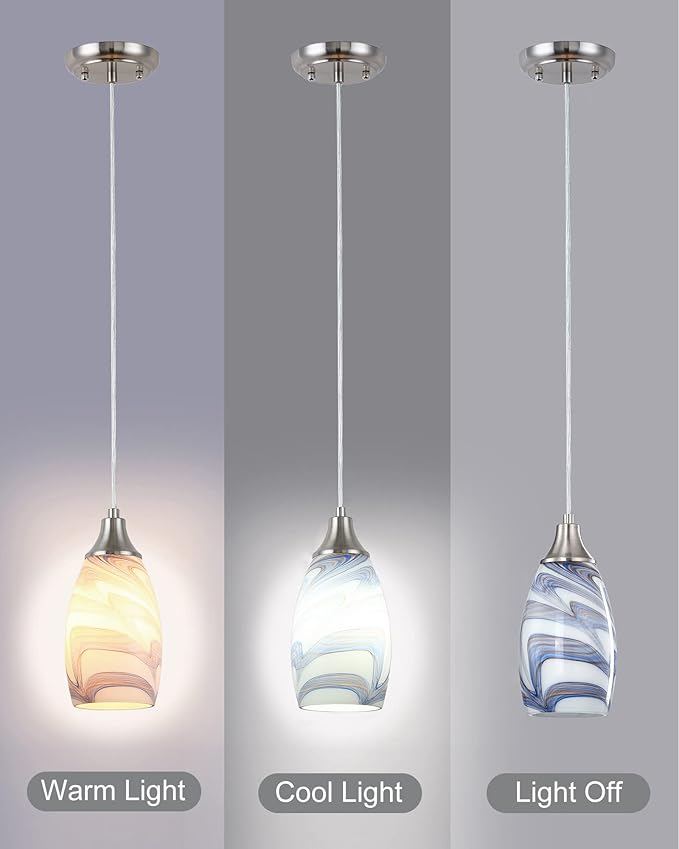 karyfine Mini Art Glass Pendant Lights Kitchen Island Blown Glass Pendant Lighting with Brushed Nickel Finish Adjustable Cord Ceiling Hanging Lamp for Hallway,Dining Room White and Dark Blue-1P