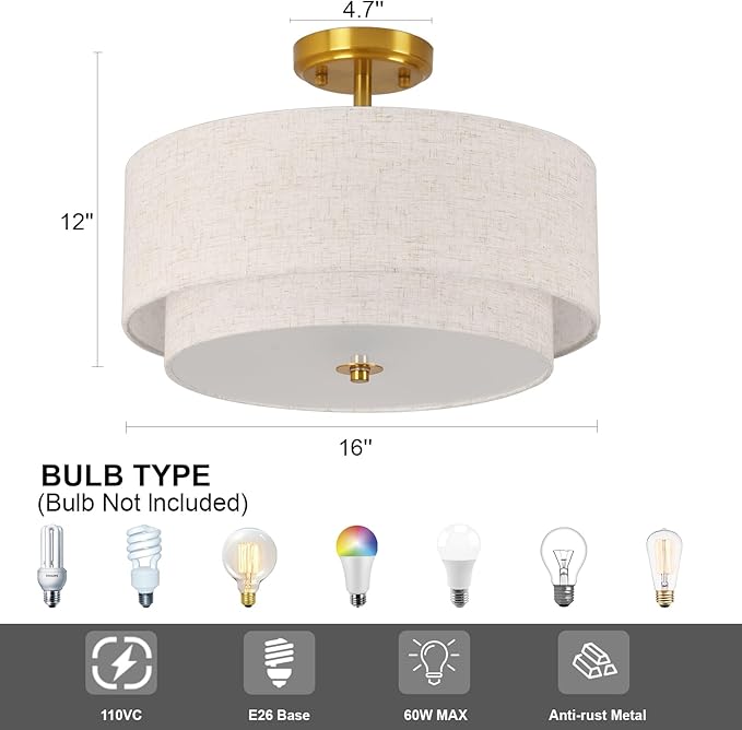 3-Light Semi Flush Mount Ceiling Light Fixture, 16" Gold Drum Light Fixture, Modern Close to Ceiling Light with 2-Laye Fabric Shade Lamps for Bedroom Living Dining Room Hallway Entryway Foyer
