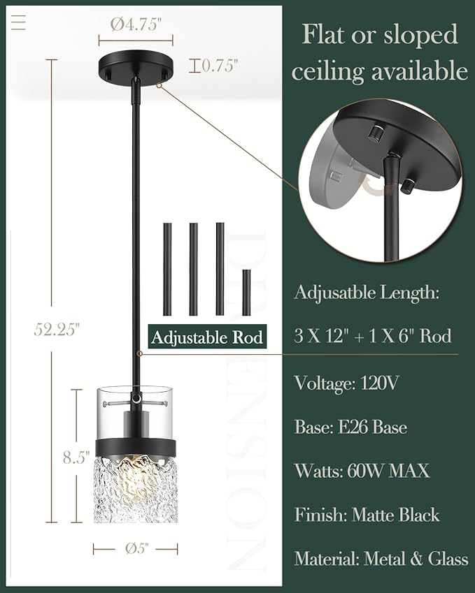 LMS 2-Pack Pendant Lights, 5 Inch Dia Industrial Linear Light Fixtures for Kitchen Island with Adjustable Rods, Medium Hanging Lamp with Hammered Glass, LMS-171PL-BKM-2PK