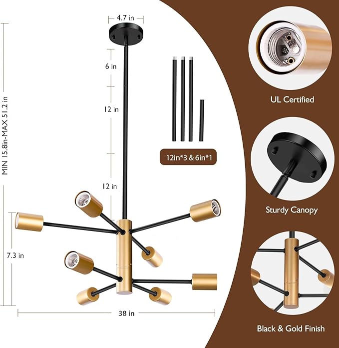 Sheetea 8-Light Sputnik Chandelier, Black and Gold Chandeliers Pendant Lighting, Modern Farmhouse Dinning Room Light Fixture Mid Century Brass, Height Adjustable for Living Room Kitchen Island