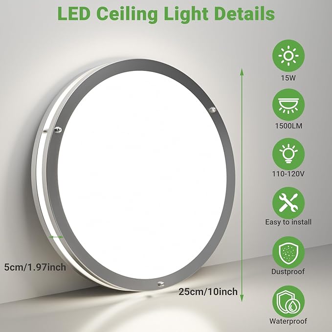 zemty 2Pack 10Inch Brushed Nickel LED Flush Mount Ceiling Lights, Dimmable 3000K-6500K,15W 1500LM Damp-Rated Stainless Steel Light Fixture for Hallway Kitchen Bathroom Closet Laundry