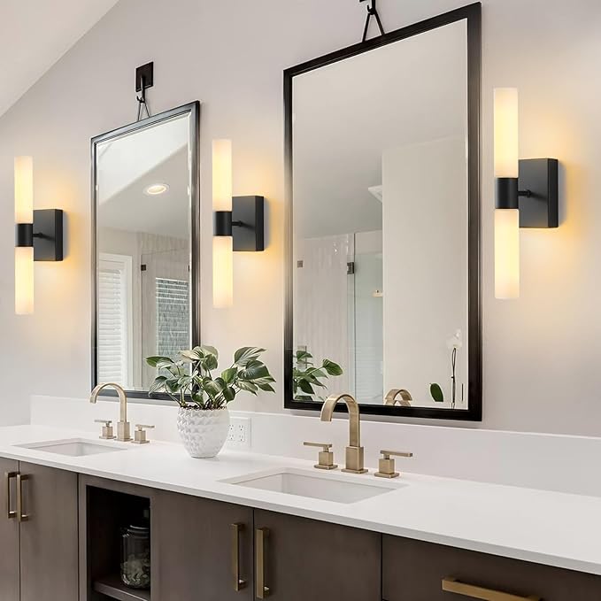 KUZZULL Wall Sconces Set of Two Matte Black Modern Bathroom Sconces Lighting Set of 2 Frosted Glass Shade Indoor Wall Lamp Wall Mounted Lights Metal Wall Light Fixtures for Living Room Stairs