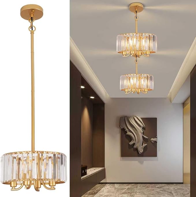 Gold Crystal Chandelier, 4-Light Candle Style Crystal Drum Chandelier, Modern Semi Flush Mount Ceiling Chandelier Light Fixtures for Dinning Room Living Room Kitchen Bedroom Hallway Entryway,11.6 Inch