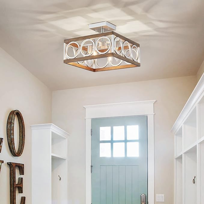 XINGQI Square Ceiling Lights 13'' Farmhouse Semi Flush Mount Ceiling Light Fixture Rustic Chandelier for Living Dining Room Bedroom, Antique Wood Grain & Brushed Nickel Finish, 4 E12 Bulbs