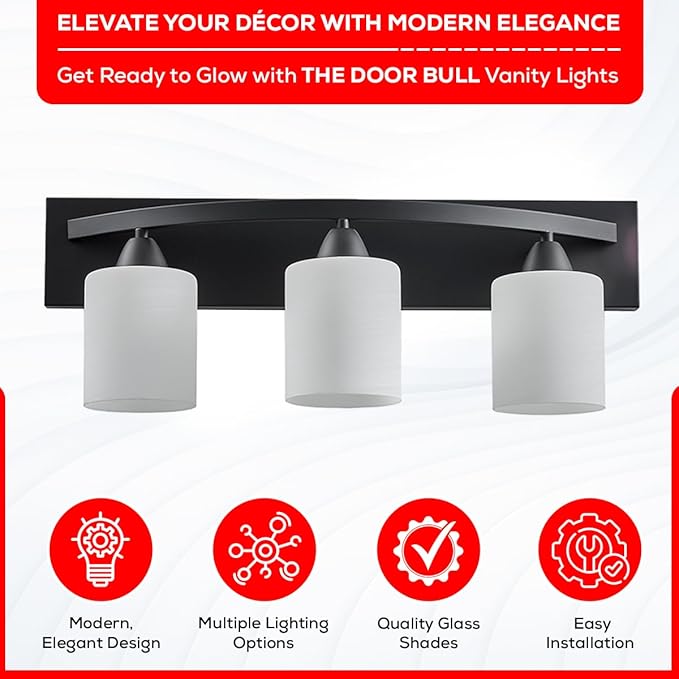 The Door Bull Modern 3-Light Bathroom Vanity Light – Matte Black Fixture with Frosted Glass Shades, E26 Socket – Wall Sconce for Mirror, Bathroom, Kitchen, Hallway, Entryway