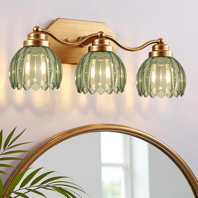 VbiTmn Gold Bathroom Light Fixtures, 3 Light Vintage Vanity Lights, Antique Brass Brushed Gold Finish, Crystal Green Glass Shade, Mid Century Wall Sconces for Bedroom, Living Room, Hallway