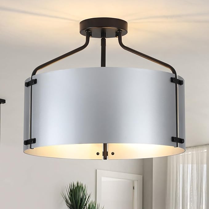 Kitchen Lighting Fixtures Ceiling,16''Silver Chandelier Light Fixture,Drum Bedroom Ceiling Lights,3-Light Close to Ceiling Light Fixtures for Farmhouse Hallway Porch Entryway