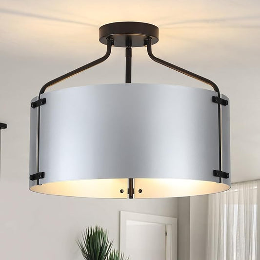 Kitchen Lighting Fixtures Ceiling,16''Silver Chandelier Light Fixture,Drum Bedroom Ceiling Lights,3-Light Close to Ceiling Light Fixtures for Farmhouse Hallway Porch Entryway
