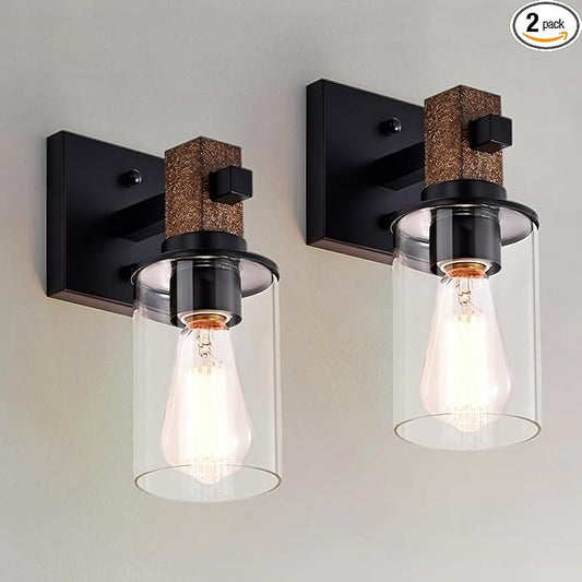 Rustic Wall Sconces Set of 2,Hardwired 1-Light Brown Wood Farmhouse Sconce with Clear Glass Cylinder Shade,Matte Black Metal Wall Light,E26 Indoor Bathroom Vanity Fixture for Mirror,Bedroom,Hallway