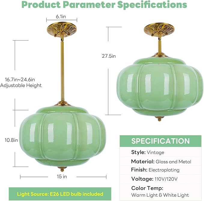 15in Green Milk Glass Ceiling Light, LED Bulb Included, Vintage Schoolhouse Semi Flush Mount Pendant Light Art Deco Chandelier for Kitchen Dining Room Hallway Bedroom, Antique Gold & Green