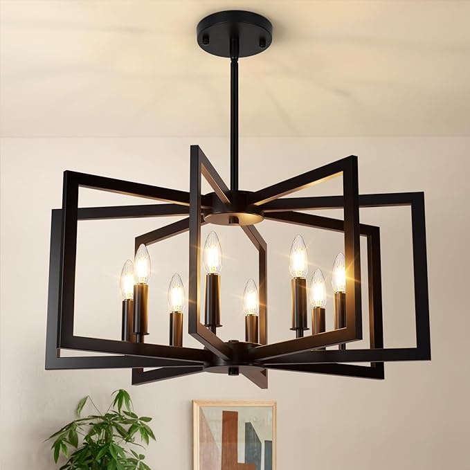 Bairth 8-Light Black Chandelier, Farmhouse Dining Room Light Fixture, Modern Chandelier, Geometric Industrial Metal Hang Lighting Fixture for Foyer Entryway Kitchen Over Table Hallway Living Room