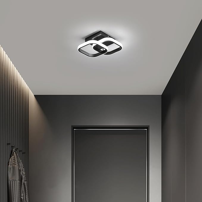 Small LED Hallway Ceiling Light, 2 Square Frames Modern Ceiling Light, 6500K Flush Mount Ceiling Light Fixtures for Hallway Living Room Bedroom Kitchen Closet, Black