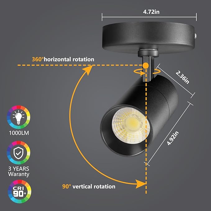 VANoopee 3-Color Dimmable LED Ceiling Spotlight Flush Mount Adjustable Spotlight Directional Spot Lights Indoor Bright Accent Fixture for Living Room Bedroom - CRI90 36° Flicker Free 10W 1000lm Black
