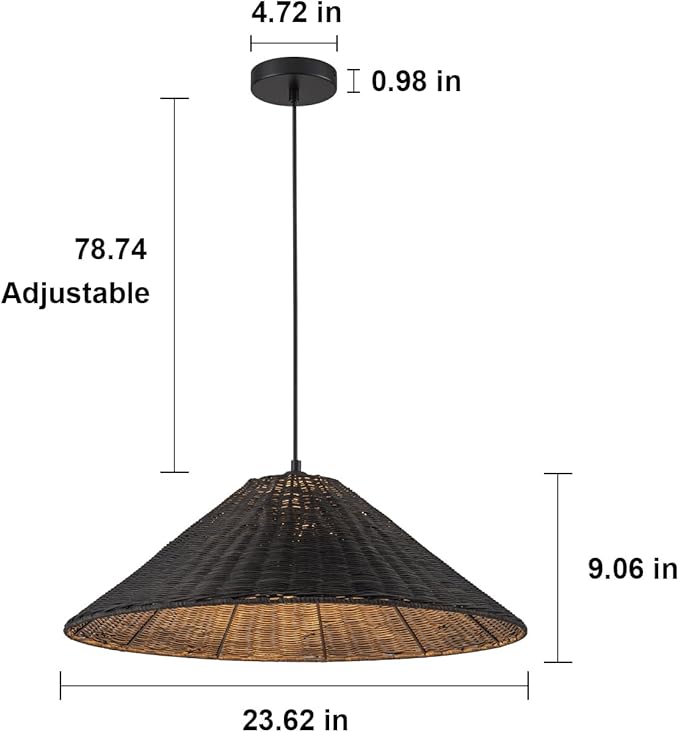 23.6'' Large Weaving Rattan Chandelier, Black Coastal Chandelier Hand Woven Rattan Dome Pendant Lighting Fixture Farmhouse Natural Basket Hanging Light