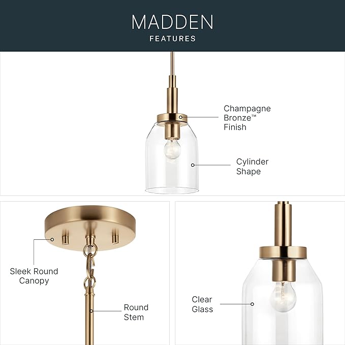 Kichler Madden 1-Light Mini Pendant with Clear Glass in Champagne Bronze, Sloped Ceiling Compatible, for Game Room, Bar, Island, Billiards Table or Kitchen (15" x 7"), 52725CPZ