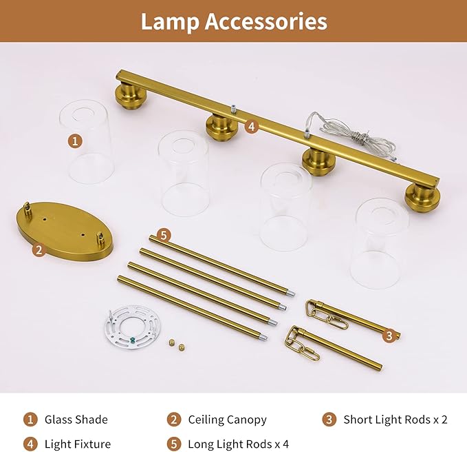 Kitchen Island Lighting, 4-Light Dining Room Light Fixtures Over Table,Gold Linear Chandelier for Dining Room Hanging,Pendant Lights Kitchen Island with Clear Glass Shade