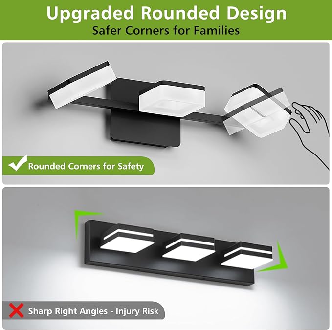 Black LED Bathroom Vanity Light, Modern Wall Lighting Fixtures, 3-Light Bathroom Lighting Fixtures Over Mirror, 360° Rotate Acrylic Matte Black Vanity Lights for Bathrooms