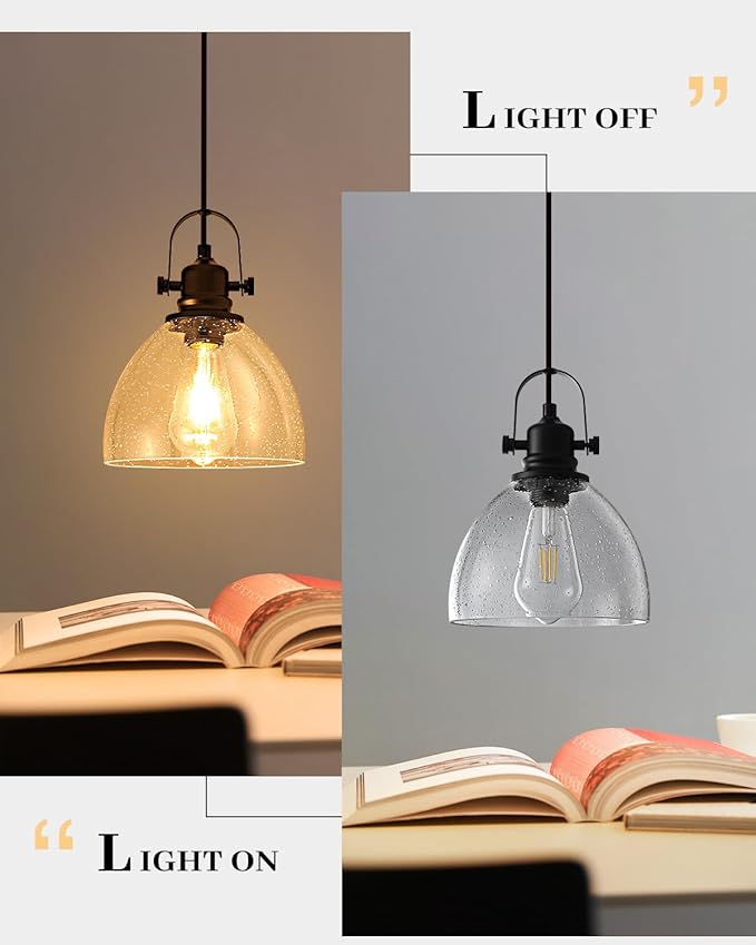 7.5" Seeded Glass Pendant Light 1 Pack, Vintage Hanging Kitchen Lights, Black Glass Pendant Lighting for Kitchen Island, Dining Room, Bar, Cafe
