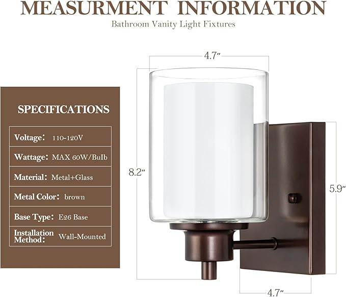 2 Pack Bath Vanity Light Fixtures 1-light, Indoor Oil Rubbed Bronze Wall Light with Dual Glass Shade, Farmhouse Bathroom Wall Scone, Vintage E26 Bese Wall mount Lighting
