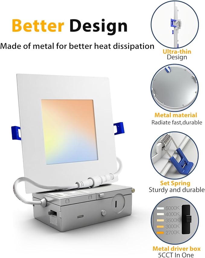 Adetu 12 Pack 6 inch Square Led Recessed Lighting, 5CCT Ultra Thin Square Led Ceiling Light with Junction Box, 14W 1190LM, CRI90, 2700K-5000K Selectable,Dimmable Canless Downlight, ETL and Energy Star