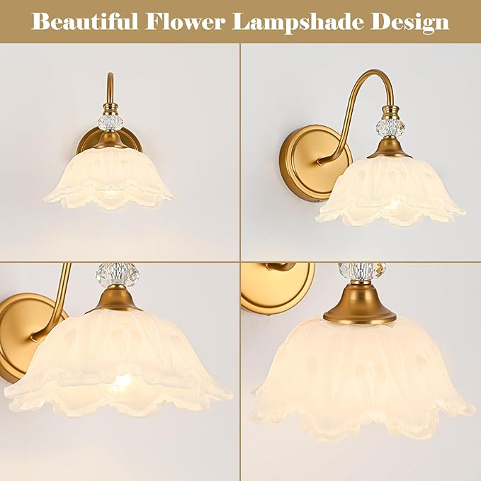 1 Piece Vintage Wall Sconce with Floral White Glass Shade, Matte Brass Finish Wall Sconce for Bathroom, Vintage Bathroom Vanity Light Fixture
