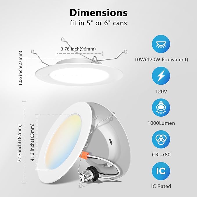 LVWIT Recessed Lighting 6 Inch, Recessed Lights Color Selectable 2700/3000/4000/5000/6000K 5CCT, 10W(120W Equivalent) Dimmable LED Can Lights with E26,LED Retrofit Recessed Light 6 Inch, 6 Pack