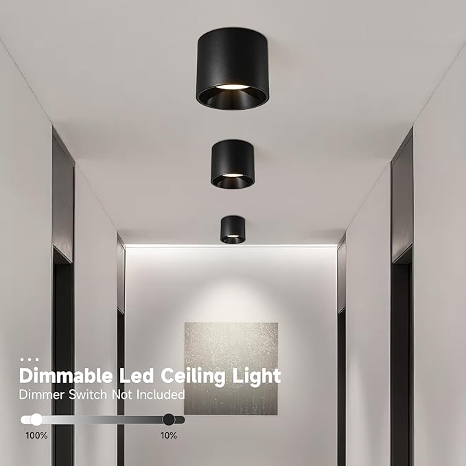Flush Mount LED Ceiling Light Fixture, 20W Dimmable & 3000K/4000K/6000K Adjustable Ceiling Lights, Modern Close to Ceiling Lamps for Closet Hallway Kitchen Entryway Living Room, 4.7Inch, Black, 3 Pack