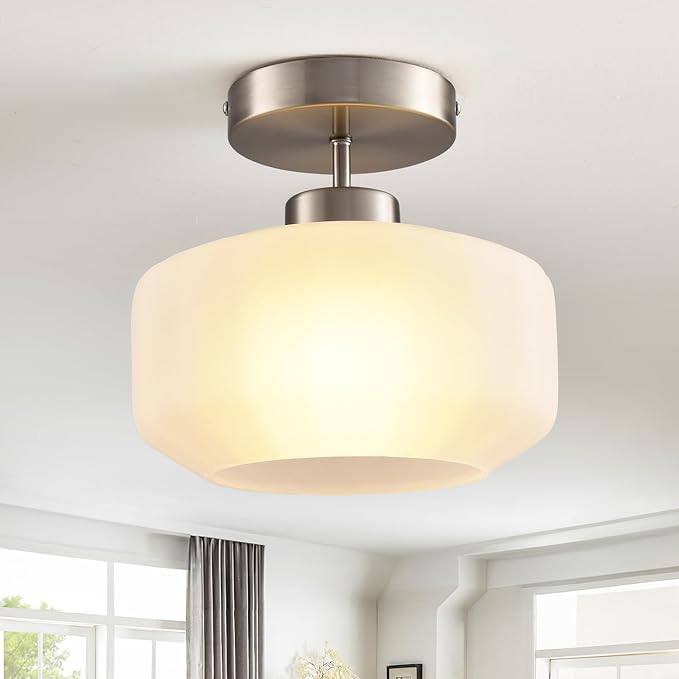 Industrial Nickel Matte Light Fixtures Ceiling Mount, with Frosted Glass Shades Semi Flush Mount Ceiling Light, for Hallway Fixtures Kitchen, Foyer