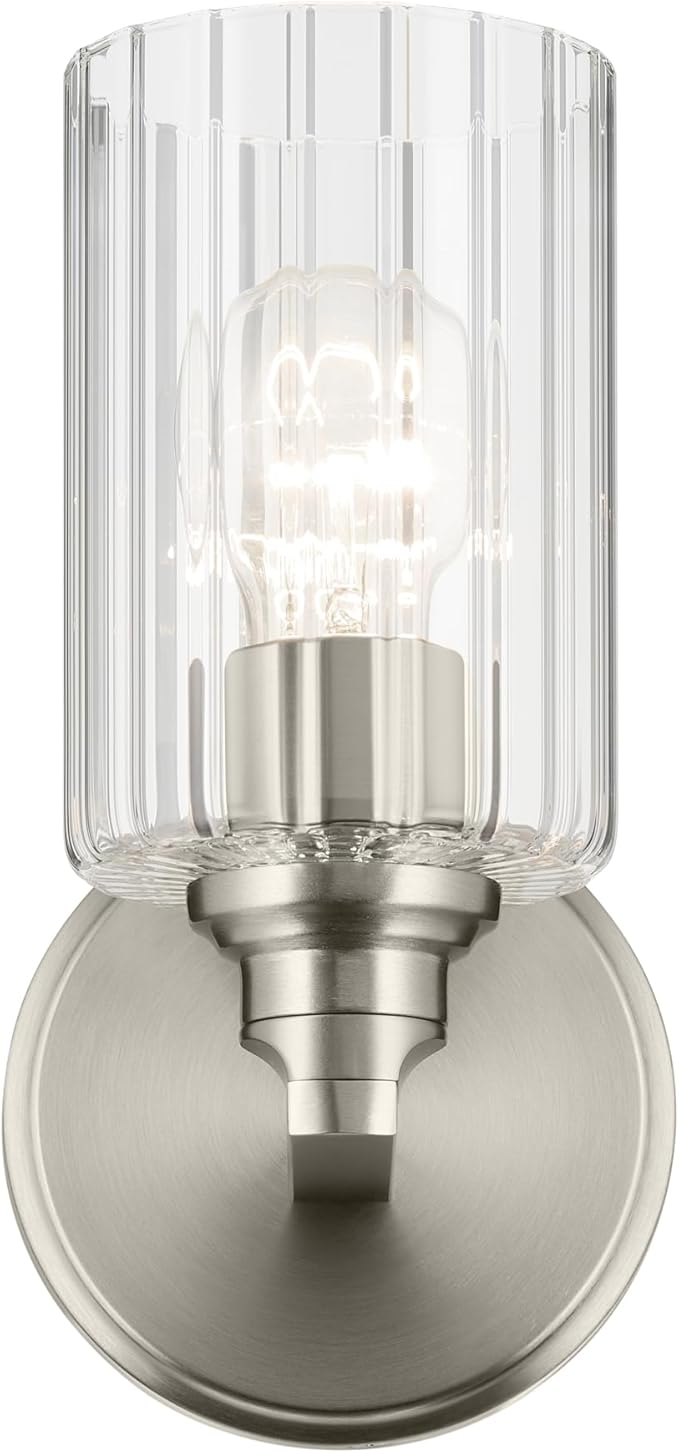 Kichler Gioe 5" 1-Light Wall Sconce with Clear Fluted Glass in Brushed Nickel, Damp Rated, for Powder Room, Kitchen, Hallway, Bedroom, Fireplace, (5" W x 9.5" H), 55224NIFLU
