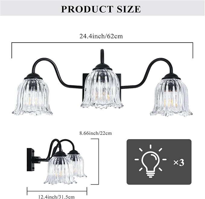 Vintage Bathroom Light Fixture, Black 3-Light Vanity Light Fixtures with Crystal Glass Shades, Matte Vanity Lighting Fixture Modern Wall Sconces for Bedroom Dressing Room Living Room