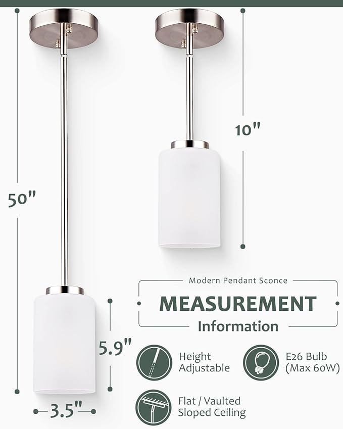 1-Light Mini Pendant Light Fixtures, Industrial Chandelier Hanging Ceiling Light with Opal White Shades, Adjustable Height, Brushed Nickel Pendant Lighting for Kitchen Bedroom Hallway, 2 Pack
