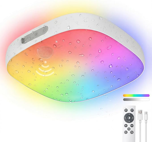 Shower Light IP65 Waterproof, Motion Sensor Ceiling Light, Rechargeable Closet Light with 10000mAh Battery & Remote, 18 RGB Colors LED Bathroom Shower Lamp for Inside Shower/Bathtub, Mood Lighting