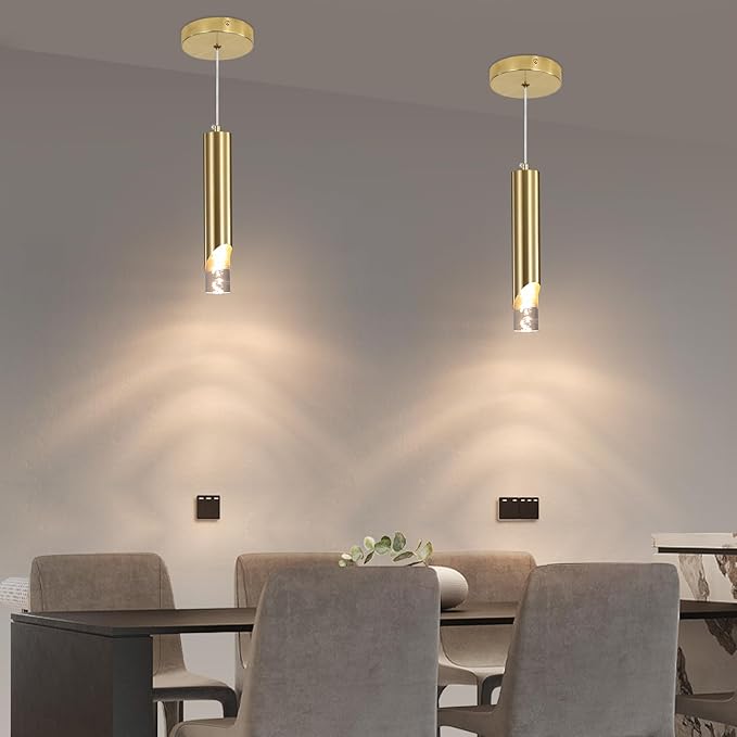 Modern Gold Pendant Light Fixture, Acrylic Bubble Cylinder Hanging Lights, 3 Color 2700K/4500K/6500K, Minimalist Ceiling Chandelier Lighting for Dining Room, Bedroom, Hallway, Bar, Kitchen Island