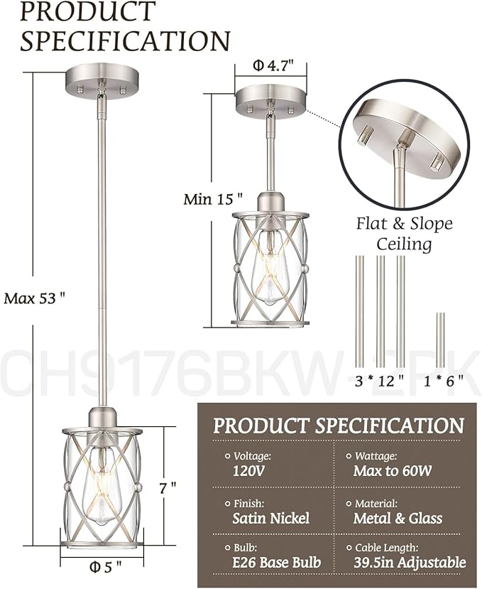 Brushed Nickel Pendant Lights Kitchen Island 2 Pack, Mini Glass Pendant Light Fixtures with Clear Glass, Modern Hanging Lighting for Kitchen Sink Dining Room Bathroom, CH9176BN-2PK