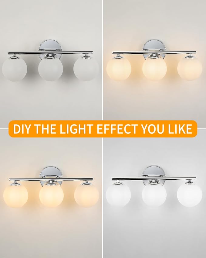 Globe Bathroom Light Fixtures Chrome Vanity Light with Plastic Milk White Globe Shades 11.81 inch Wall Sconce Lighting Over Mirror, 3-Light Vanity Lights for Bathroom Hallway Living Room
