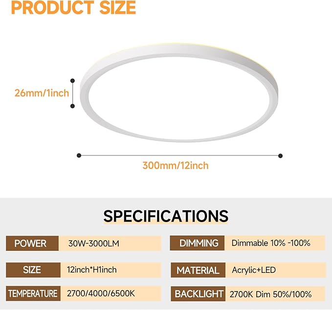 Mille Lucciole 4 Pack LED Flush Mount Ceiling Light Fixture with Night Light, Dimmable Ceiling Lights White 12 Inch 30W 3000LM 3CCT Color Adjustable Led Flush Mount fixtures with Remote Control